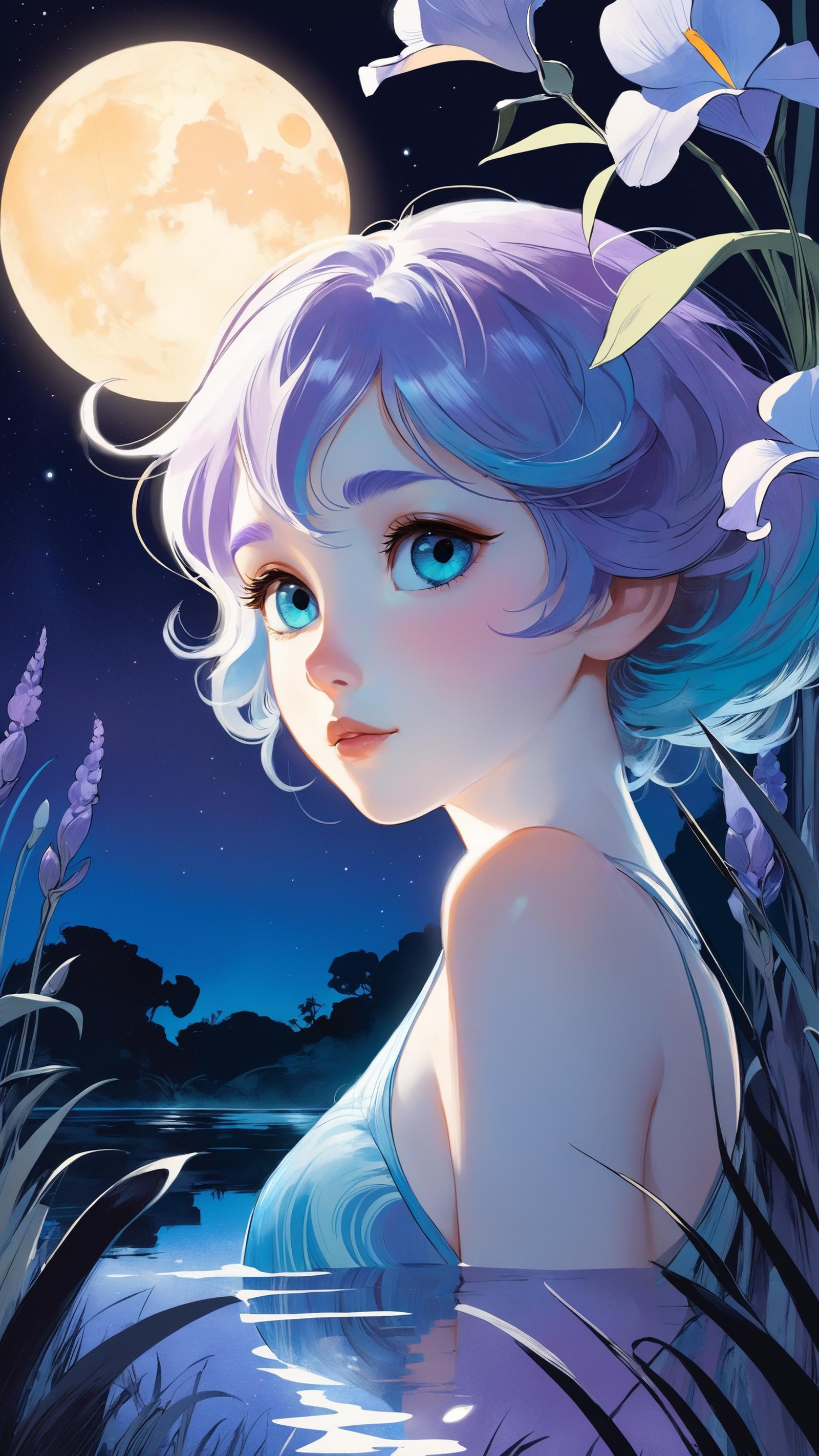 Anime illustration of a purple-haired girl with blue eyes, wearing a white dress, and standing in front of a moonlit night sky with purple flowers in the background.