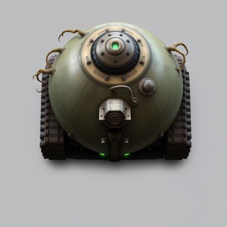 ((top view)), (tank),
Rounded, bulbous tank with a domed top and tendril-like tubing extending from the rear.
Chassis: Organic-looking armor with fibrous patterns, resembling a beetle shell fused with industrial plating.
Tracks: Triple tread system with rear-central primary and side treads slightly elevated for climbing.
Details: Rear-mounted bio-reactor with visible growth nodules. Tank "breathes" slightly — subtle expansion and contraction of plating.
Lights: Soft green glow from vent seams. Pupil-like lens under turret dome pulses rhythmically.