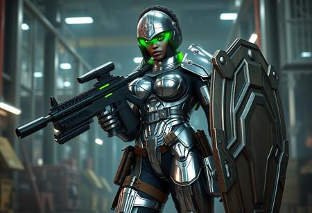 Videogame unreal engine 4 render image of a tall large bodybuilding buff muscular sexy hot black female soldier from the year 2150, cool sexy futuristic military character design, she has short curly hair, green eyes, green lipstick, she is tall and large and has huge breasts and muscles, she is wearing full body chrome military armor that's inspired by gladiators from Rome, including a roman gladiator helmet with a green transparent eye visor, the armor is chrome eith green LED embedded in it, her chrome armor is showing signs of damage and degradation, bullet marks, scratches amd grime, she is also wearing brown military and ammo pouches on her legs and belt, she is standing in a factory, she is holding a massive heavy machine gun with her right arm, there is a large green energy riot shield attached to her left arm, bullet belt, industrial lighting, epic pose.