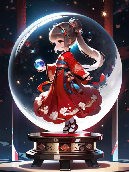 A girl,chibi,Stand on the ground,twinkle, crystal, Dreamy, Surreal, celestial globe, glowing light, super detail, award winning, best quality, high details,hell,arien_hanfu,red dress