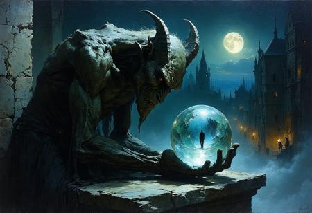 Painterly dark fantasy illustration, style of Brom and Zdzisław Beksiński. Medium close-up: Ancient stone gargoyle, hunched posture, gazes intently into a luminous crystal orb glowing with cool white light. Within the orb, a sharp, miniature vision: an unaware human on a mundane street. Dramatic moonlight casts stark highlights on weathered, moss-flecked stone, contrasting deep abyssal shadows. Visible, textured brushstrokes. Swirling nocturnal mist obscures the distant city. Atmosphere of intense concentration, arcane observation, eerie stillness.