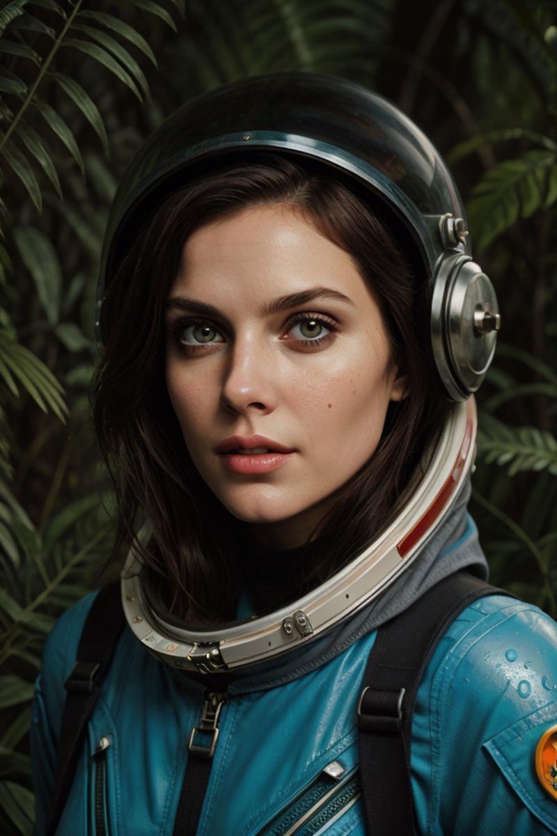 A woman wearing a spacesuit and an astronaut helmet.