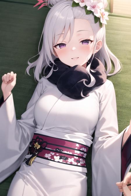 1girl, tatami, close-up, on back, pov, incoming hug, smile, parted lips, half-closed eyes, arm support
nymutsuki, halo, hair bun, hair flower, white hair, purple eyes, (white kimono:1.4), long sleeves, wide sleeves, fur collar<lora:MutsukiBA-05:1>