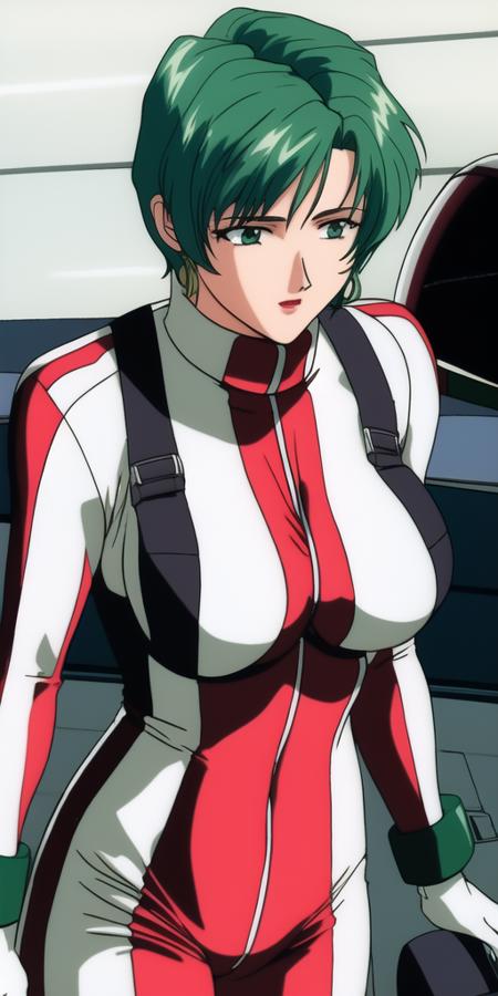 masterpiece, best_quality, highres, <lora:MiliaFallyna:0.7>, MiliaFallyna, solo, large_breasts, MiliaVFPilotSuit, MiliaVFHelmet, green_hair