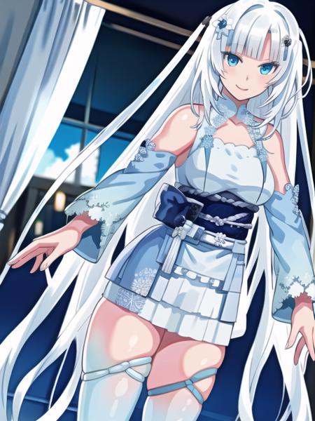 hiteCUL,sky hair,blue eyes,hair ornament,white dress,miniskirt,sleeveless,detached sleeves,obi,thigh strap,blue thighhighs,geta,