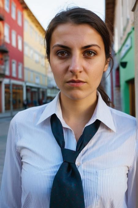 photograph close up portrait of young Turkish woman after office work, open shirt with an open Tie, lovely and Curious look, detailed photograph shot on kodak, bright day in a town, looking intense at viewer, wide angle