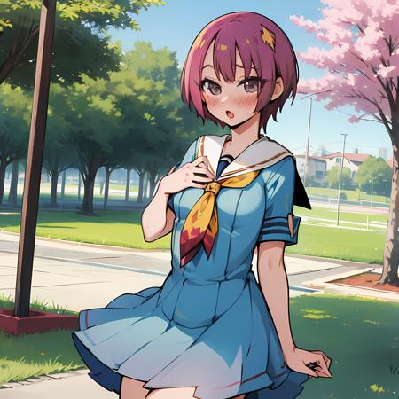 mizuki_suzushiro, 1girl, solo, blush, outside, park, dress, school uniform, blue dress, hand on own chest, genderswap, sailor dress