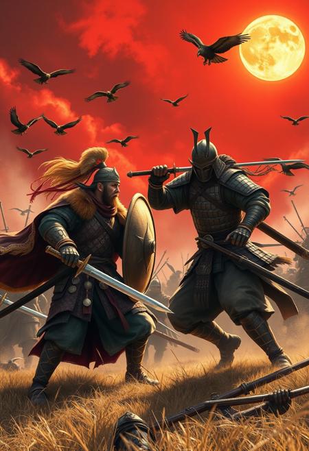 A star shines on the hour of our meeting. A full body picture of two warriors on the field of battle. One is a Mongolian Champion. He is armed with a sword and large shield and is engaged with a Samurai armed katana, wearing samurai armor. His head is covered with a samurai helmet. The scene is full of the energy of battle with many Mongolian warriors and Sasamurai warriors fighting all around them. There are buzzards in the sky the circle, waiting for their next meal to come. There is a blood red sky with a blazing sun beating down on the warriors.