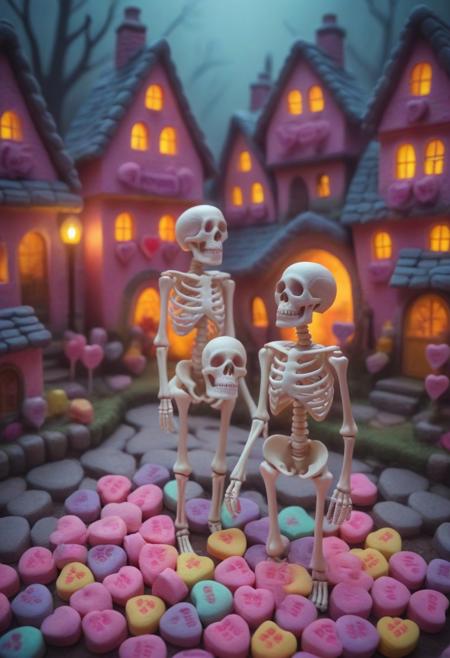 cute skeletons stands in a cute village made from candyhearts, vivid colors, masterpiece, best quality, sinister light, moody scene, hazy