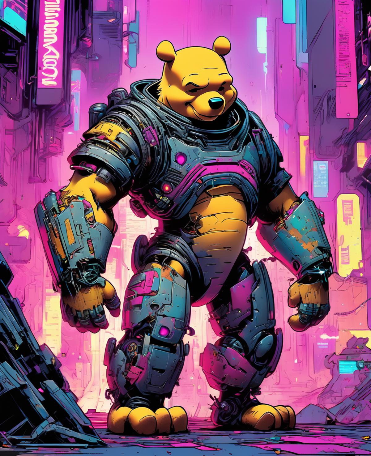 A giant robotic Winnie the Pooh in a futuristic cityscape.