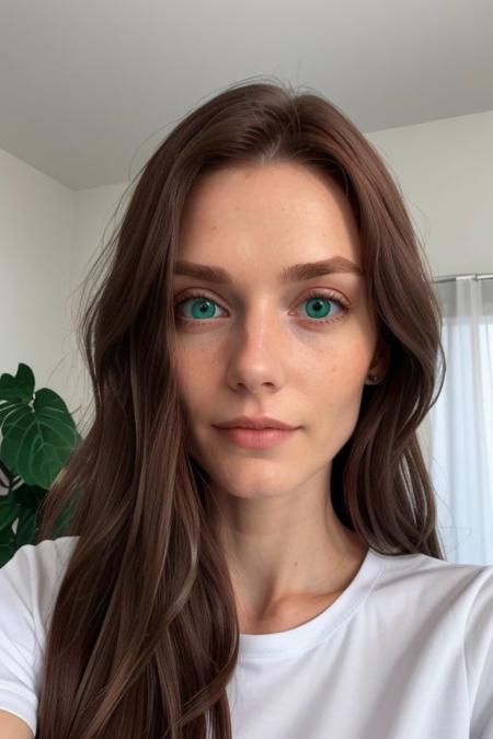closeup face,
1 girl, white shirt, od, long hair, brown hair, green eyes, 25 years old, slim, fit,
detailed face,
indoors