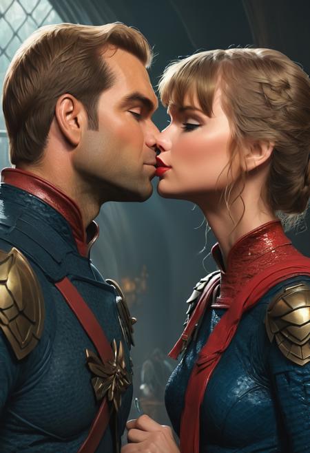 <lora:Antony_Starr:0.8> Antony Starr,  kissing taylor swift, by justin gerard and greg rutkowski, digital art, realistic painting, dnd, character design, trending on artstation