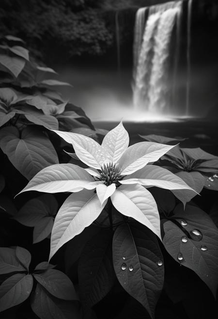 red poinsettia amidst morning raindrops surrounding cascading waterfalls, background captured in monochrome black and white, digital art, composition aligned with nature's golden ratio, intricate details worthy of trends on ArtStation, 8K resolution, photorealistic concept, soft natural volumetric light creating a cinematic chiaroscuro-like ambiance, an award-winning digital oil-on-canvas style painting reminiscent of the masters
