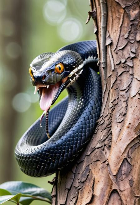 snake with tongue sticking out climbing around a tree, forest background, photography very realistic