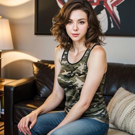 Ulla: Caucasian woman, late 30s, Nordic descent, 5'7", 125 pounds, ((light brown wavy hair)), fair skin, (rosy cheeks), hazel eyes, oval face, soft features, straight nose, ((lip piercing)), ((camo tank top)), jeans, sneakers, lean over, sitting in living room, K-pop posters, artificial lighting, low angle, relaxed, stylish. realistic, correct anatomy, masterpiece, sharp focus, best quality, depth of field, full body shoot