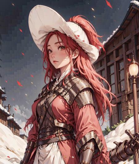 1girl wearing fanyang felt hat, big breasts, ((red cloak, holding sword)), ((golden hair)), armor, masterpiece, best quality, photorealistic, snowing, moon light,  front view, <lora:fanyang_felt_hat_v2:0.7>, city walls