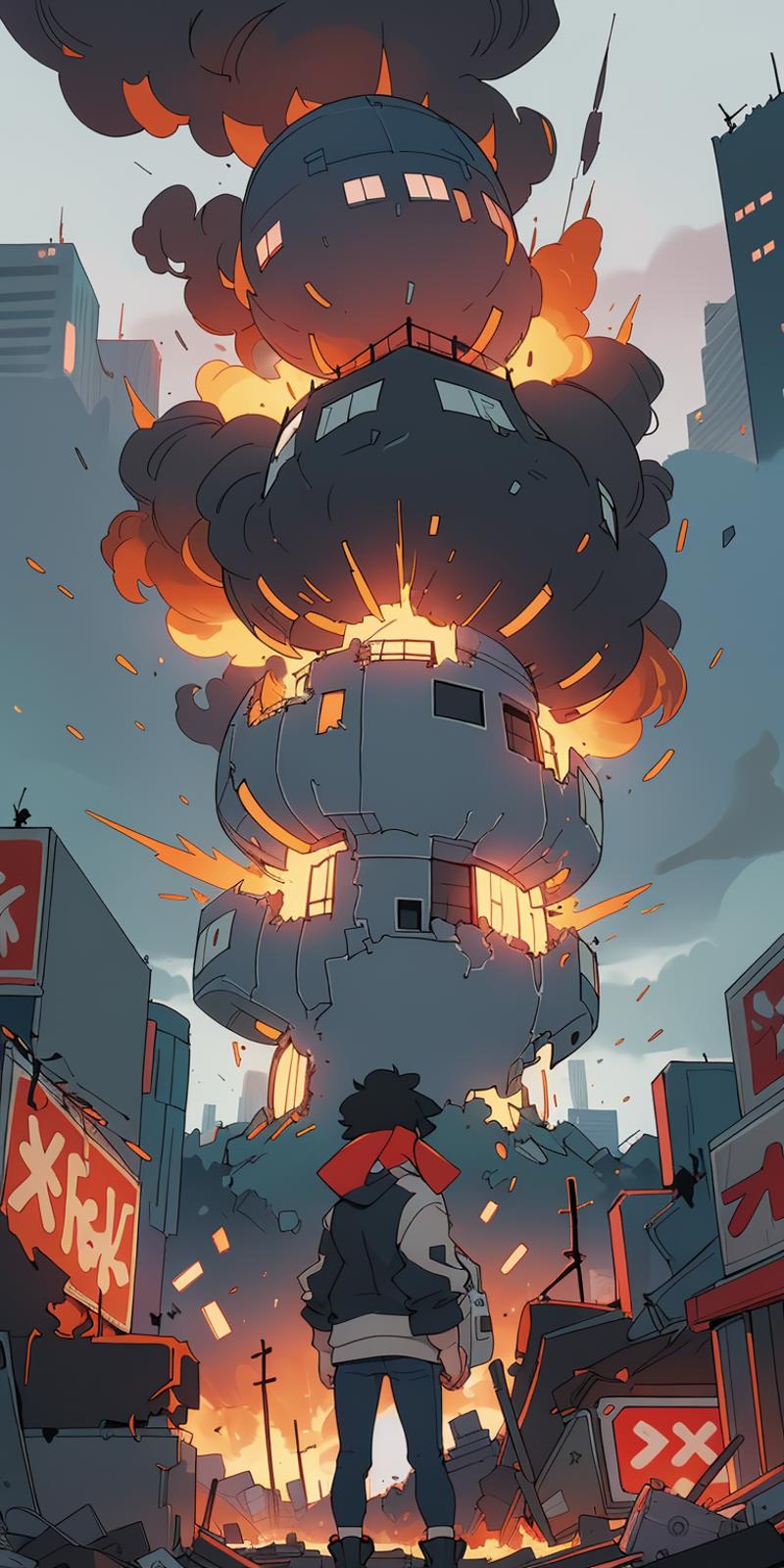 A large explosion is happening in the middle of a city, and a person is watching in the foreground.