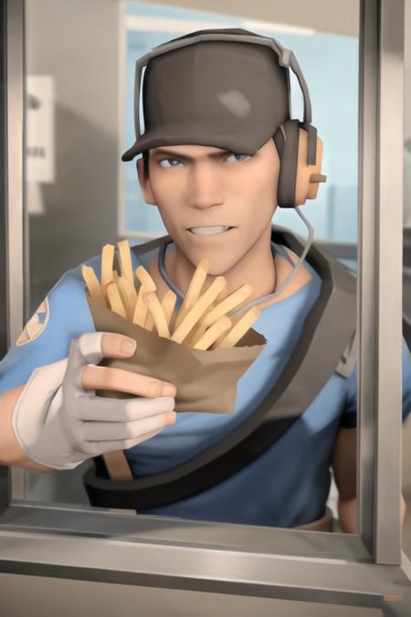 tf2scout in the drive-thru window, (masterpiece), absurdres, best quality, close-up, holding out a bag of fries, <lora:tf2mercs:1>
<lora:Drive-Thru Window Operator:0.7>