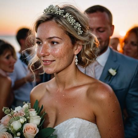 Stunning 35mm photo of a 42 years old Dutch woman, ((an breathtaking wedding dress)), very pretty, fit, skinny, highly detailed face, highly detailed skin, freckles, many freckles on arms and tits, freckles and moles all over body, natural breasts, perfect breasts, hard nipples, Rounded ass, blonde hair, pubic hair, short hair, messy hair, medium hair, brown eyes, highly detailed skin, highly detailed face, in love, happy, detailed pupils, at her wedding party, in a beach club on the Dutch coastline, holding a pretty bouquet of flowers, emotional but happy after her new husbands beautiful speech, sunset, you can tell from the expression on her face that she is highly sexually aroused, low light, soft natural light, Rembrandt style light, made with a Hasselblad camera, 35mm, film grain, masterpiece, sharp focus, ((Photorealistic:1))
