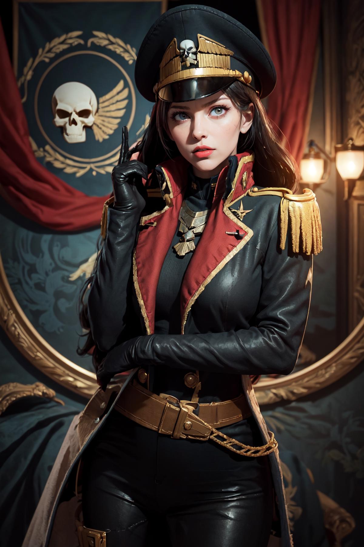 A woman in a military costume wearing black leather and red trim, with her hand on her face and a cell phone in her ear.