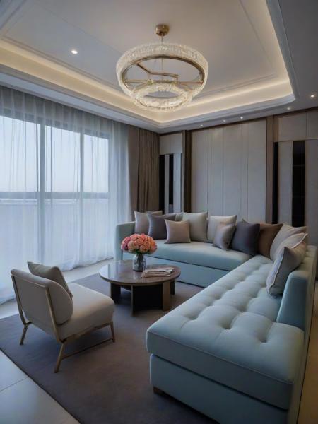 <lora:JJsAffordableLuxury_XL:1>, ((Affordable Luxury)), ((masterpiece)), ((best quality)), scenery, real world location, realistic, high detailed, dramatic lighting,  (indoor) , no human,  window, ((sofa)), pillow, table, television, ceiling light, carpet, curtain, chair, flower,