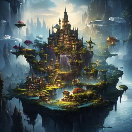 ((masterpiece)),((best quality)),8k,high detailed,ultra-detailed,illustration,concept art,fantasy,a floating island,candy tree,porcelain house, (floating waterfalls:1.1),(floating islands in the sky:1.2),magical creatures,capturing the otherworldly beauty of a floating fantasy realm,4esthet1c, <lora:AestheticScene:0.8>