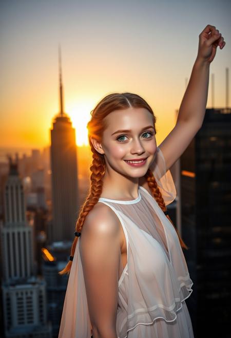 A 20 year old irish girl with ginger braided hair is standing on top of a skyscraper with the sun setting in the background. Her silhouette is contrasted against the skyline. She is wearing a white see-through gown. She has large enchanting green eyes. She has a cute freckled face and blushing cheeks. Her smile is warm and welcoming. She has one arm raised, the other is resting on her hip. The photograph is taken with an analog machine, producing film grain effects. Photorealistic, HDR,
