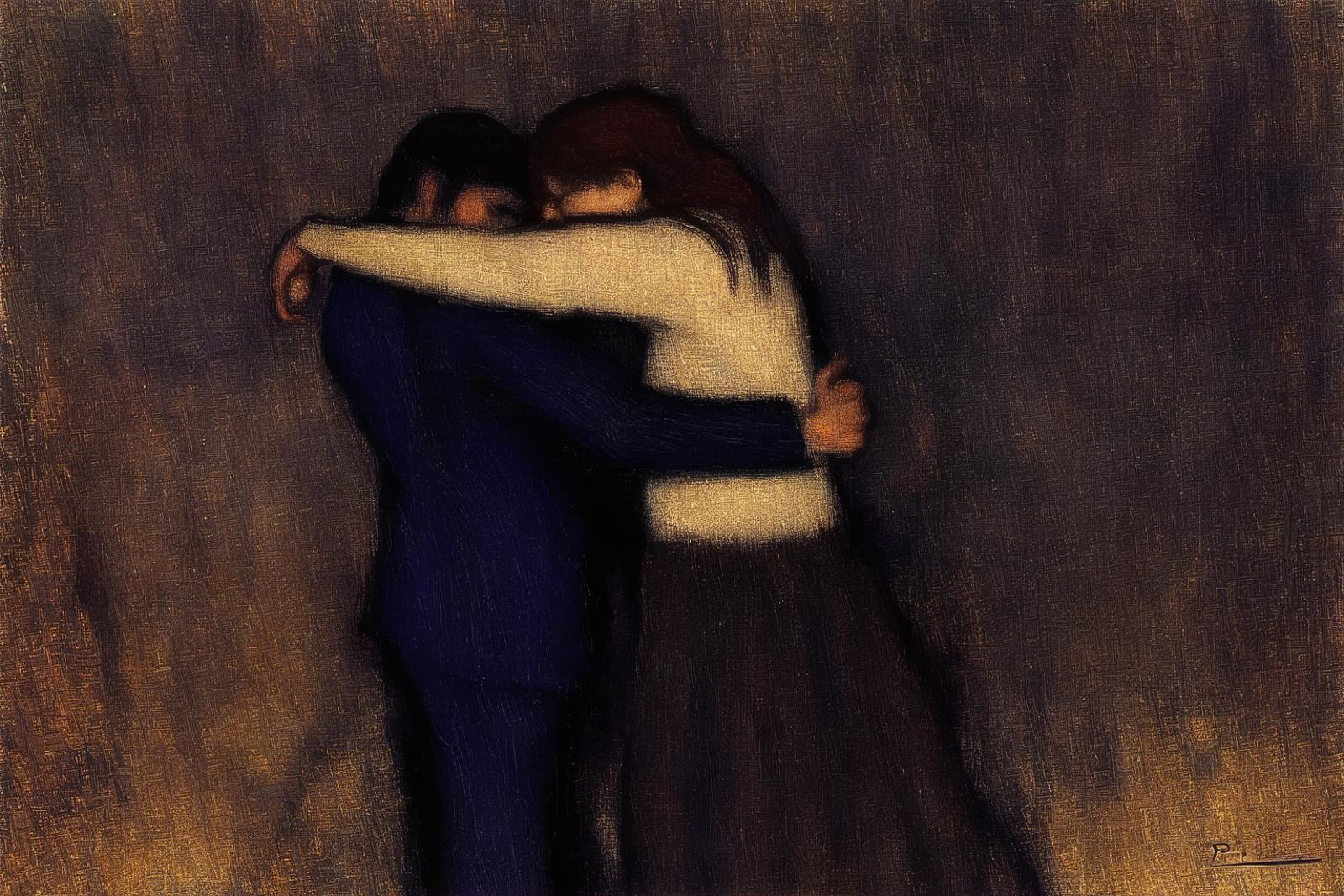 A Painting of a Couple Hugging Each Other.