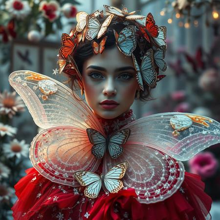 High fashion portrait of a living Christmas butterfly collection, dress made of thousands of crystalline butterfly wings that slowly move and change color from deep velvet red to frost white, face partially covered with delicate wing-shaped snowflakes, hair woven with living winter butterflies made of ice and gold, background of vintage botanical illustrations coming to life, gothic greenhouse setting with frozen flowers, soft ethereal lighting with rainbow prism effects, photorealistic details