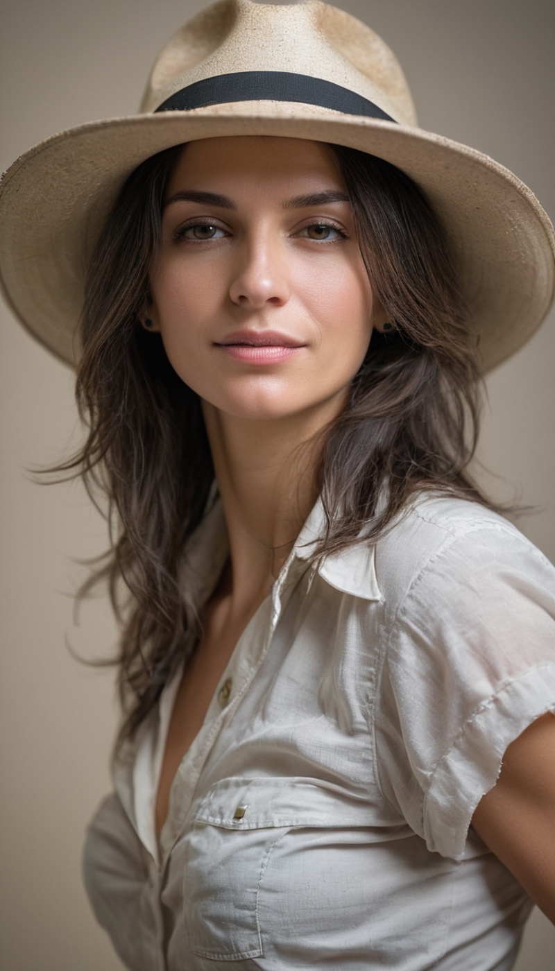 "A Woman in a Hat and White Shirt Looking at the Camera"