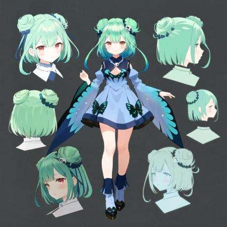 <lora:testbluerushia:1>,  bluerushia, green hair, double bun, short hair, blue bow, hair ornament, 
full body,