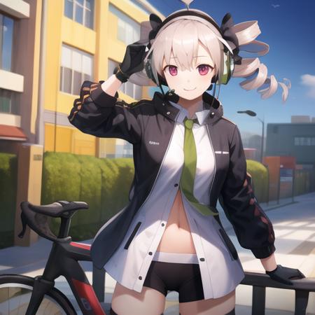 (masterpiece, best quality:1.2),illustration,8k,hd,1girl,solo,upper body,(portrait:1.2),bangs,bike_shorts,black_gloves,black_jacket,collared_shirt,drill_hair,green_necktie,hair_ribbon,headset,hood_down,hooded_jacket,long_hair,navel,open_clothes,open_jacket,open_shirt,red_eyes,ribbon,smile,white_hair,white_shirt,<lora:PP90>,