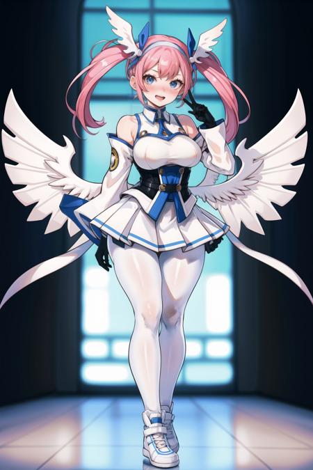 1girl,solo,heart,blue eyes,pink hair,pantyhose,blush,twintails,hairband,standing,full body,black hairband,pigeon-toed,breasts,shoes,bare shoulders,gloves,indoors,open mouth,bangs,covering,hand between legs,looking at viewer,embarrassed,wide hips,shiny,between legs,hand up,thick thighs,white footwear,smile,black pantyhose,shiny hair,red hair,nose blush,head wings,wings,