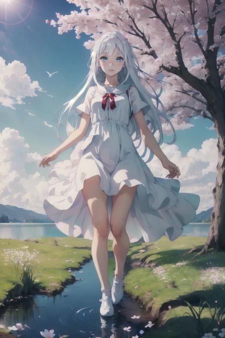 Evelyn1, <lora:Evelyn1:0.6>, Highly detailed, High Quality, Masterpiece, beautiful, long hair,  green eyes, (Detailed eyes description),(Detailed face description), 1girl, white hair,(very long hair),very long hair (floating in the wind),hair ornament,white dress,bare legs,white socks,leather shoes,arms and hands behind back,blush,fluttering grass,(spring,sakura blossoms),petals,(lens flare),altocumulus,dazzling light,cool breeze,(shade) of [a sakura tree],meadow,(the grass is growing and the birds are flying),(lake,surface reflection)