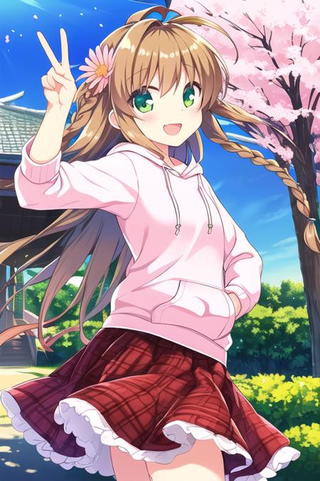 masterpiece,best quality,extremely detailed,illustration, (solo),
1girl,(long twin braids),((twin braids)),long hair, hair ornament, green eyes, brown hair, hair flower,((hair flower on head both sides)),ahoge,
(lightpink hoodie),(long skirt),(red plaid skirt),(young girl),smile,blush,high light in eyes,(one hand give the V-sign),hand in pocket,facing viewer, (straight on),
cherry blossoms,blue sky, sky,upper body, outdoors,petals,(sunset), tree,wind, bangs, <lora:kotori:0.8>,kotori,