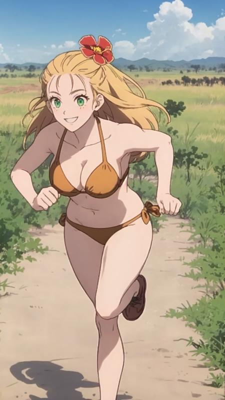 Jane, blond hair, long hair, flower hair ornament, green eyes, Running on the African Savanna