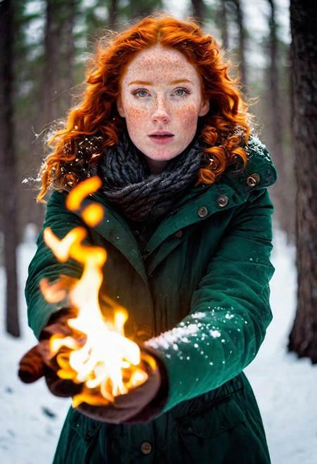Irish woman in snowy forest, burning hands, breathing fire, glowing eyes, magic fire, fire powers, dramatic light, high contrast shadows, creating fire, 
a woman with pyrokinetic powers, in snow storm,( freckles:1.5), green eyes, ginger hair, big curls, looking at viewer, wearing fire, wrapped in fire, infernal fire melting snow, 
outside medium full shot, dutch angle, twisted view,
cinematic, detailed textures, bokeh, natural lighting, 4k uhd, dslr, soft lighting, high quality, Fujifilm XT3