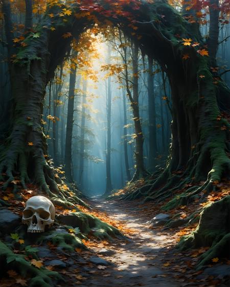 style: surrealism painting, computer CG, thick brushstrokes
main scene: autumn forest with golden and red trees and falling colorful leaves
foreground: bone and wooden totems, mossy cave entrance, muddy trail with footprints
background: dense forest with bare trees
light: warm sunlight filtering through forest, firelight glowing deep inside cave
details: torches on cave wall, hanging vines, mist in the air