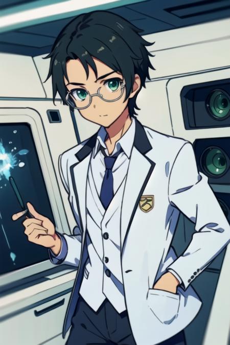 masterpiece, best quality, illustration, 1boy, solo, male focus, looking at viewer, upper body, , <lora:kengo_suguri:0.68>, kengo_suguri, black hair, green eyes, , suit shorts, , science fiction transhumanism,