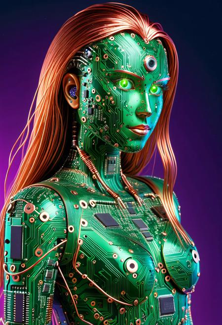 pcb_style, , full body portrait of a female robot composed entirely of green printed circuit boards, microchips, and electronic components, including a fully robotic face with intricate mechanical features, glowing LED eyes, no organic skin, smooth metallic surfaces with solder joints and glowing copper traces, flowing hair made of detailed copper cables, elegant and confident pose, soft neon blue and magenta lighting, futuristic high-tech background with complex electronic patterns, photorealistic digital art, ultra detailed