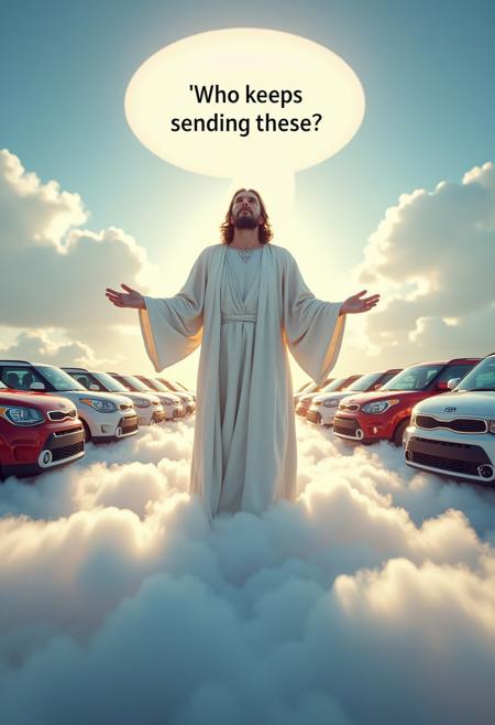 ((At center stage) (Abrahamic God is standing on and in divine white clouds),  (God is crying, his facial expressions and body language look exasperated and confused )), ((to the right and left of God and behind him, are rows of very many many (Kia_Soul vehicles), (The Kia_Souls are very well defined, and come in a variety of years, trims, and colours but they are all very clearly Kia_Souls)
<<Break>> 
((above God is a speechbubble , inside of the speech bubble, the entire text "Who keeps sending these?" is easily seen in a very legible font))
[16k, uhd, diagonal tilted photograph , extremely detailed, perfect adherence to prompt, very detailed background, double exposures (low opacity overlays) , dynamic religious satire photograph]