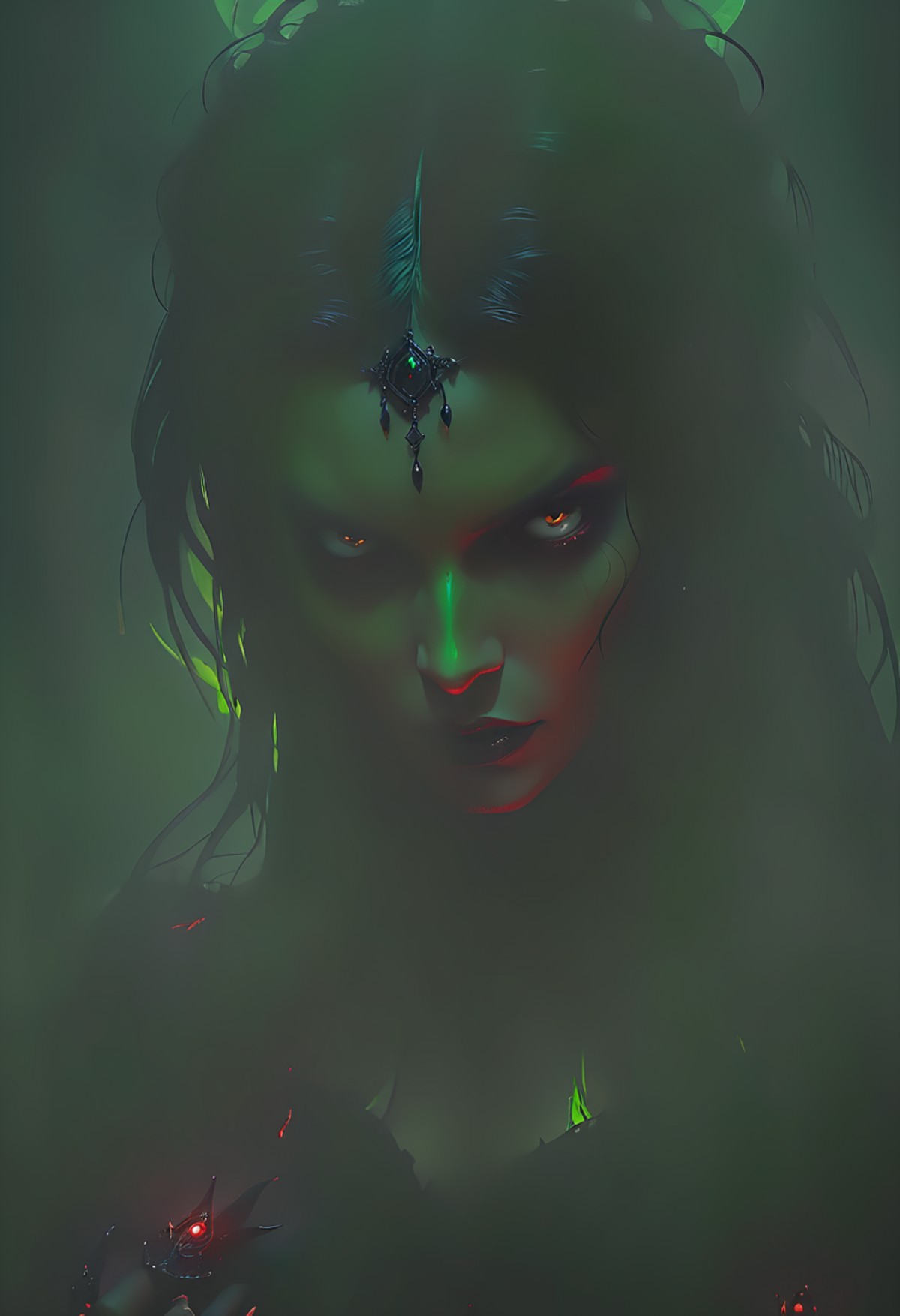 Gothic style demonic woman, dark fantasy, angelic, black angel, light green, saturated colors, moody, red, by Greg Rutkows...