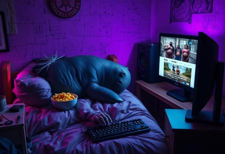 Photorealistic depiction of a manatee: the King of the manatees lays on a small unkempt bed inside a dank dirty room with purple LED lighting. He has greasy dyed black hair with white roots on his head. Beside his pillow on the bed is a bowl of mac'n'cheese. He is reaching for the mouse and keyboard in the foreground. He stares at a computer monitor which displays an nsfw video streaming website named "dornhub" featuring plus sized walruses in bikinis