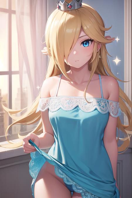 rosalina, blonde hair, blue eyes, hair over one eye, long hair, blue dress, crown, dress, earrings, jewelry, princess, robe, star earrings,