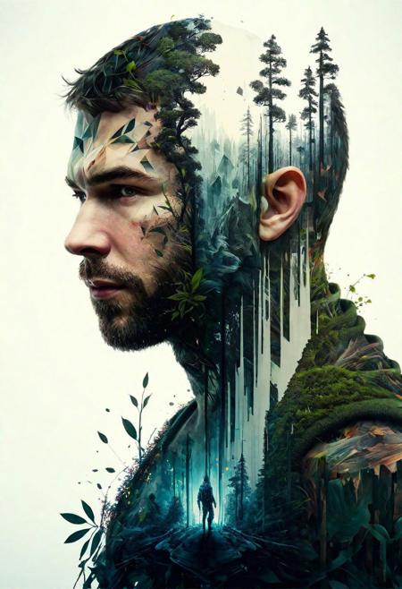 mysterious silhouette forest elvf man, by Minjae Lee, Carne Griffiths, Emily Kell, Geoffroy Thoorens, Aaron Horkey, Jordan Grimmer, Greg Rutkowski, amazing depth, masterwork, surreal, geometric patterns, intricately detailed, bokeh,  perfect balanced, deep fine borders, artistic photorealism , smooth,  great masterwork by head of prompt engineering   <lora:add-detail-xl:2>  <lora:Double_Exposure:0.5>