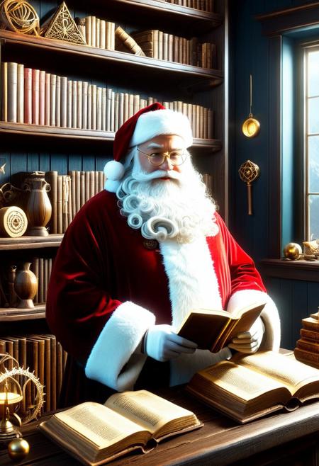 A stout, benevolent Santa Claus with a warm smile, surrounded by shelves overflowing with ancient tomes, peculiar artifacts, and mystical tools, in a dimly lit, mystical shop. Soft, golden lighting casts long shadows, accentuating the textures of worn leather-bound spellbooks, and the intricate details of crystal orbs, and polished wooden wands. Inspired by the fantastical worlds of Simon Stalenhag, the atmospheric lighting of Ash Thorp, and the mystical realism of Loish, rendered in Unreal Engine 3D with deep shading, rich shadow depth, and subtle ambient occlusion, evoking a sense of wonder and magic.