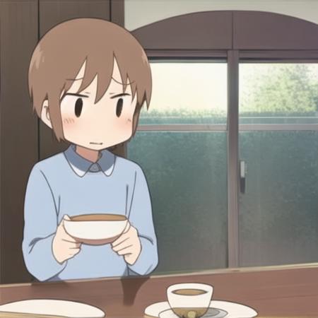 <lora:nichijou_style_v2-000002:0.7>, nichijou_style,masterpiece, best quality,1girl, solo,>_<, closed_eyes, blush, short_hair, bangs, brown_hair, shirt, long_sleeves, holding, teeth, indoors, cup, window, nose_blush, chair, table, blue_shirt,  clenched_teeth, bowl, door, camera, holding_camera