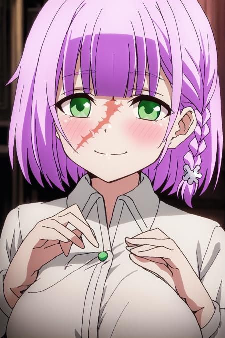 leo, 1girl, purple hair, short hair, green eyes, bangs, blush, braid, smile, scar, looking at viewer, hair ornament, side braid, shirt, white shirt, collared shirt
high quality, best quality, ultra detailed, masterpiece, big breast, detailed hands, <lora:EMS-52531-EMS:0.700000>