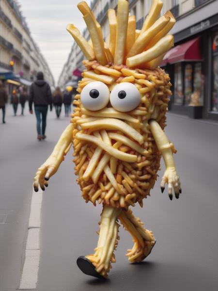 realistic photo of a humanoid french fries creature walking on the street