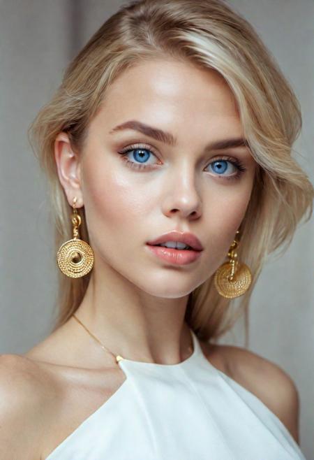 classy woman, polished look, blond hair, good looking, natural skin texture , big lips, big eye, blue eye, gold earrings, white dress
